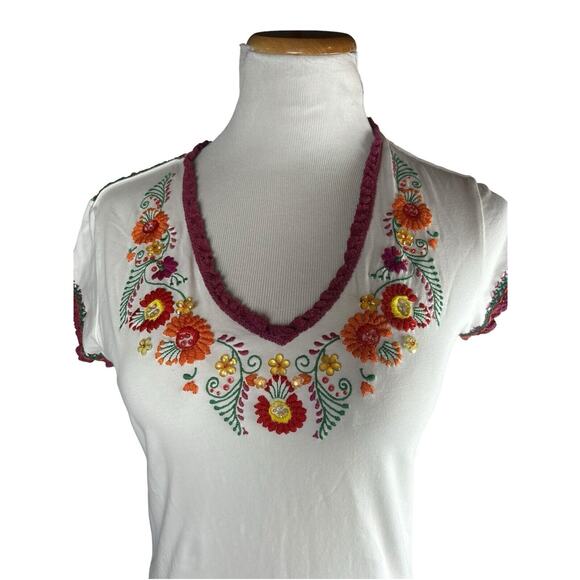 Double D Ranch Double Sided Embroidered VNeck Short Sleeve Cotton Top Small - Picture 3 of 8